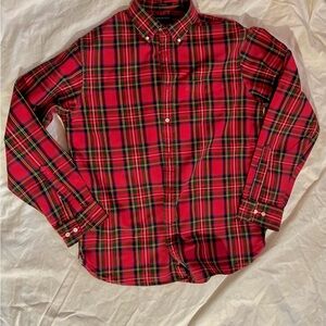 Lands' End Men's Red and Green Plaid Shirt